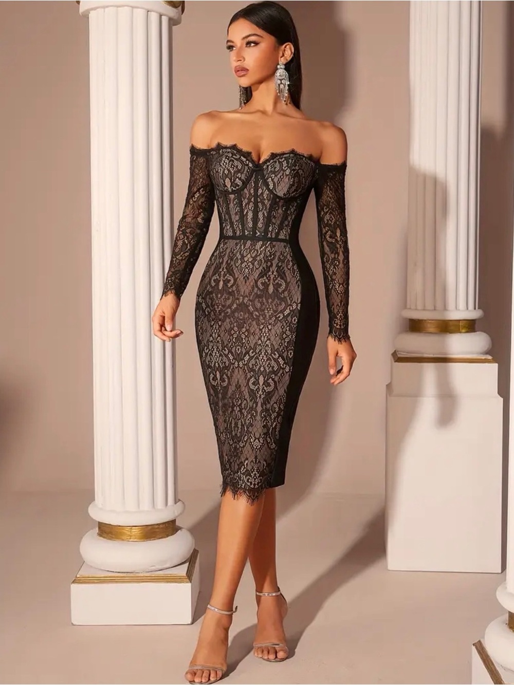 Off-Shoulder Black Lace Sheath Dress